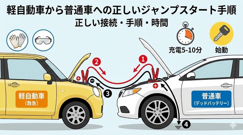 3.軽自動車から普通車への正しいジャンプスタート手順