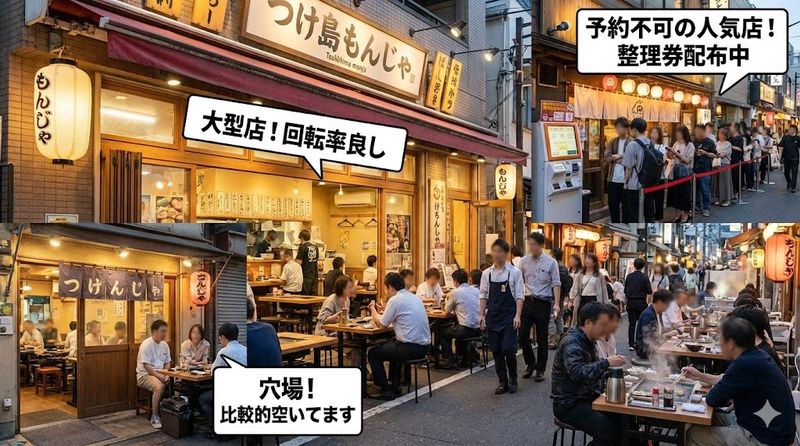 4.予約なしでも入りやすい月島もんじゃ店